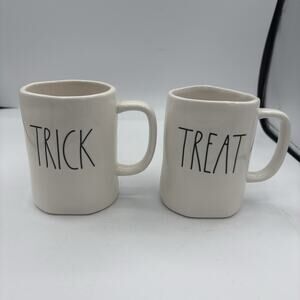 Rae Dunn Mugs Halloween Trick Treat Tall 4.75" Coffee White Decor Set‎ of 2